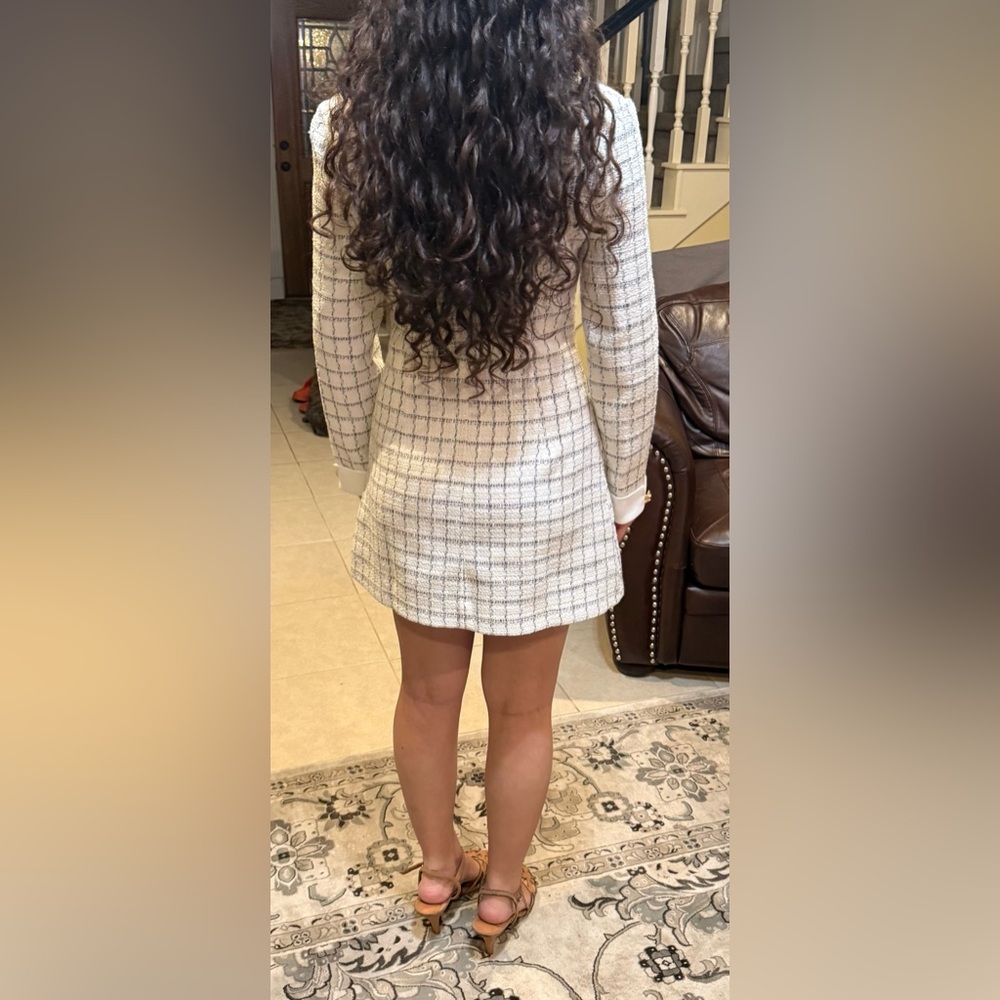 New Tweed Button-Front Mini Dress with Black Pocket Accents - Picture 3 of 9